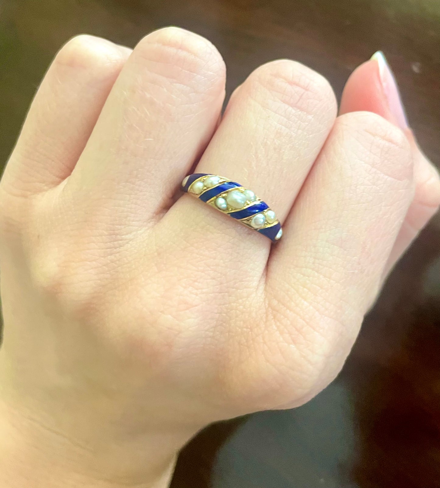 Victorian Blue Enamel & Seed Pearl Ring