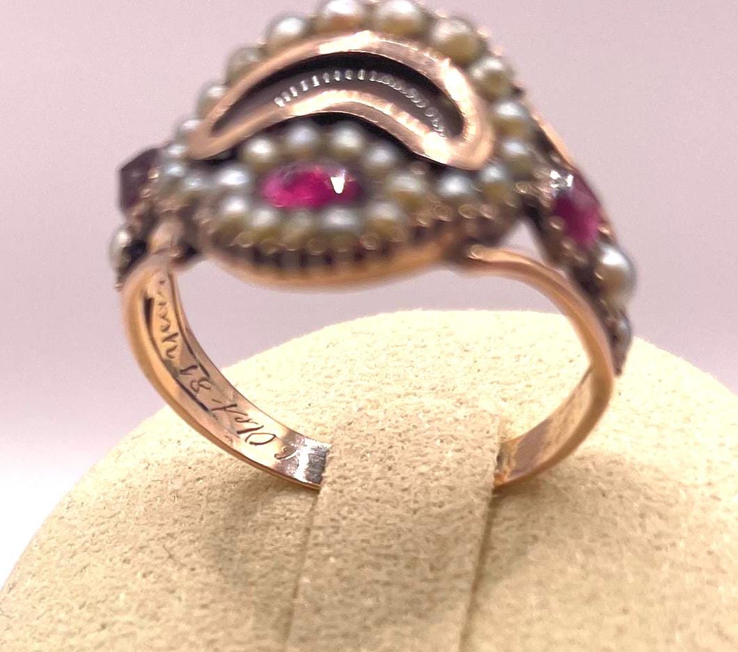 Antique Georgian Mourning Ring - Early 19th Century Gold Color Ring with Pearls, Hair, Gems, and Inscription