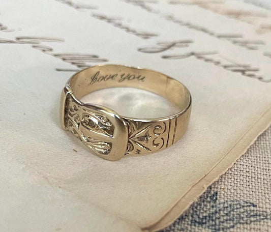 The Marjorie ~ Gents’ Early-Mid 20th Century Gold Inscribed Romantic Buckle Ring