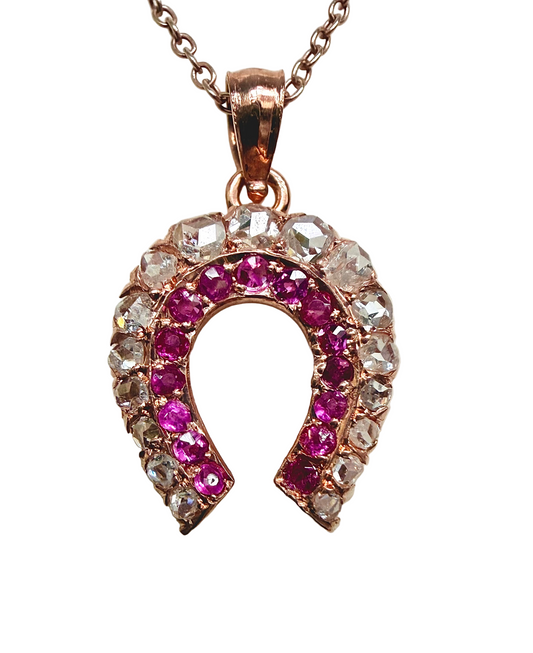 Victorian Rose Cut Diamond & Ruby Horseshoe Lucky Charm/Pendant
