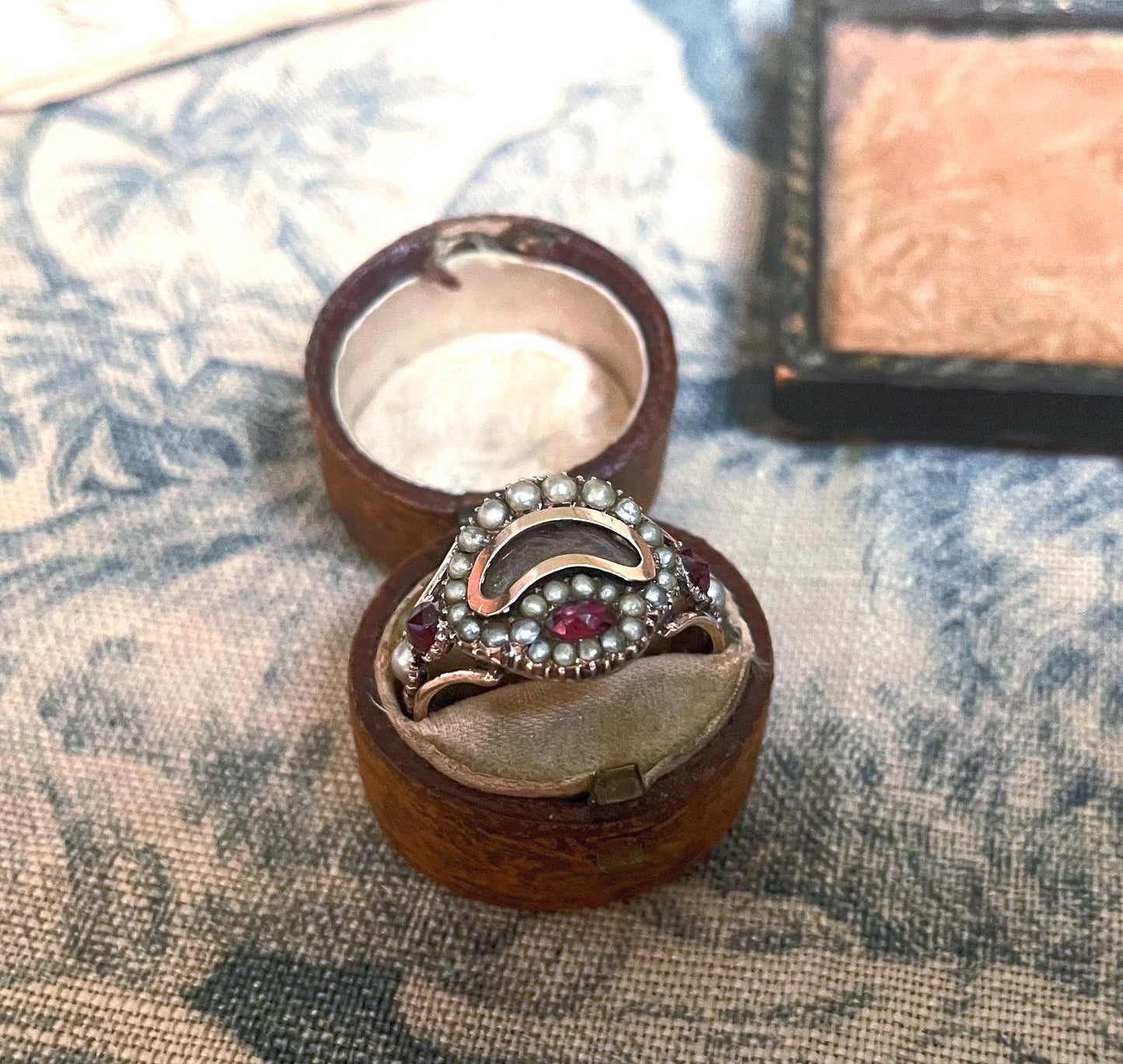 Antique Georgian Mourning Ring - Early 19th Century Gold Color Ring with Pearls, Hair, Gems, and Inscription