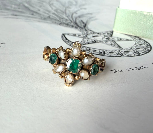 Green Garnet Doublet & Seed Pearl Cluster Ring