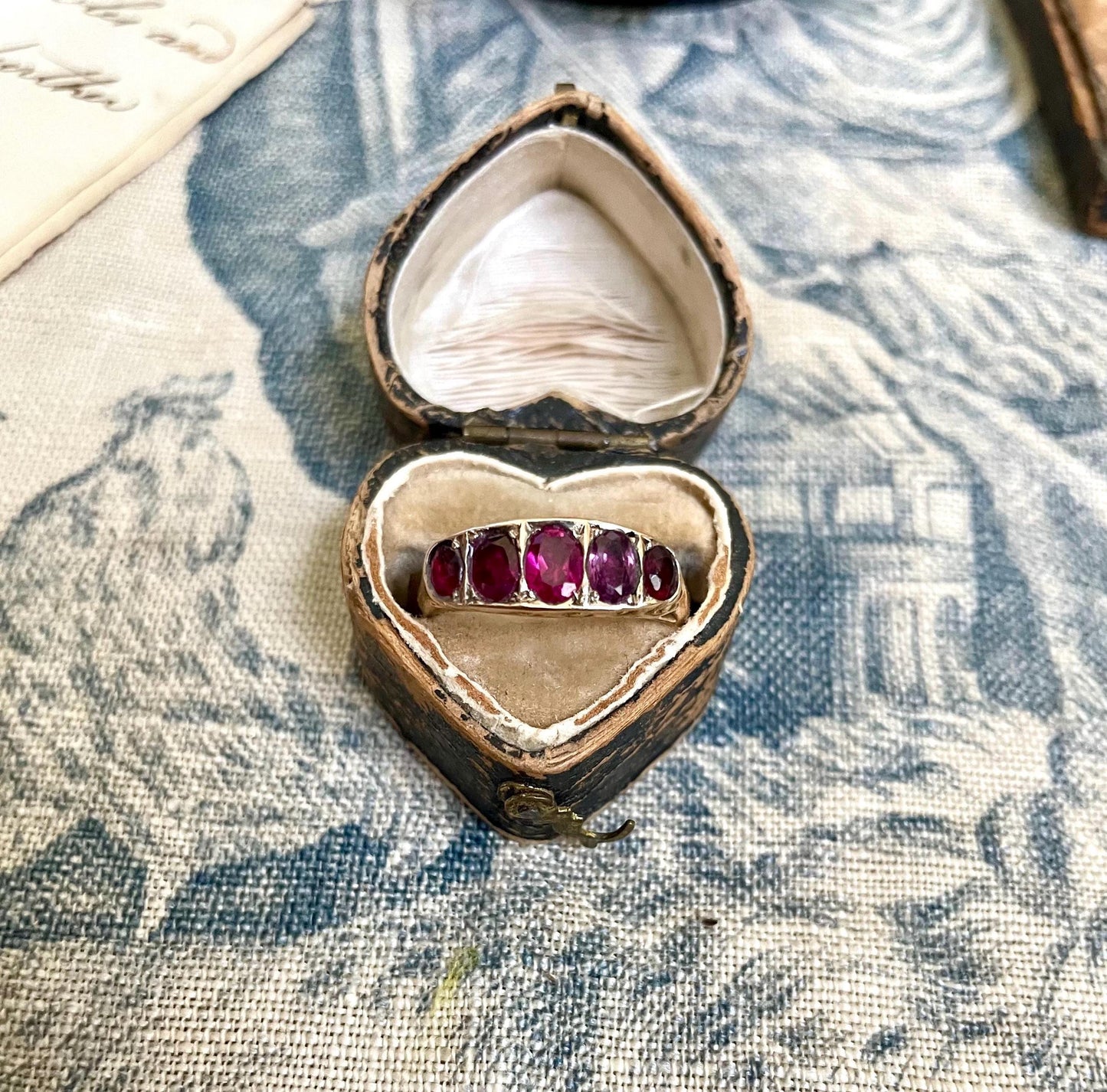 The Rose ~ Antique Edwardian Era Ruby Five Stone Half Hoop Scroll Gallery Ring, Victorian Style, 9 carat gold