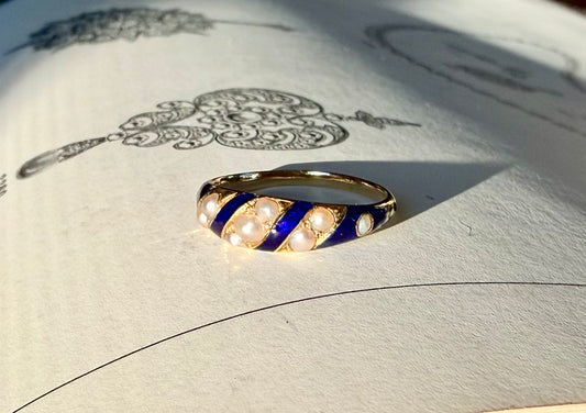 Victorian Blue Enamel & Seed Pearl Ring