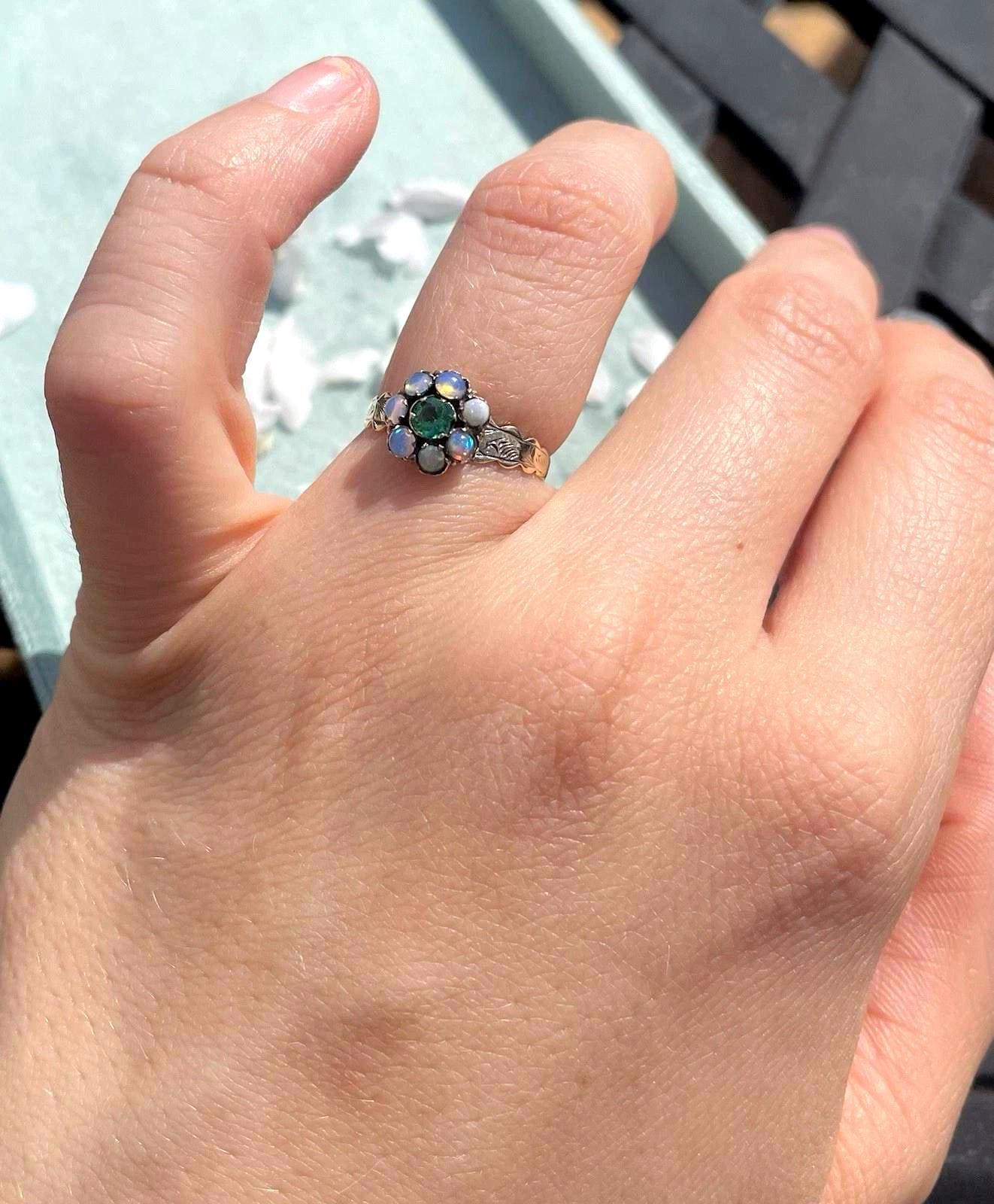 The Victoria ~ Antique Victorian 9 Carat Gold Emerald & Opal Cluster Ring Vintage
