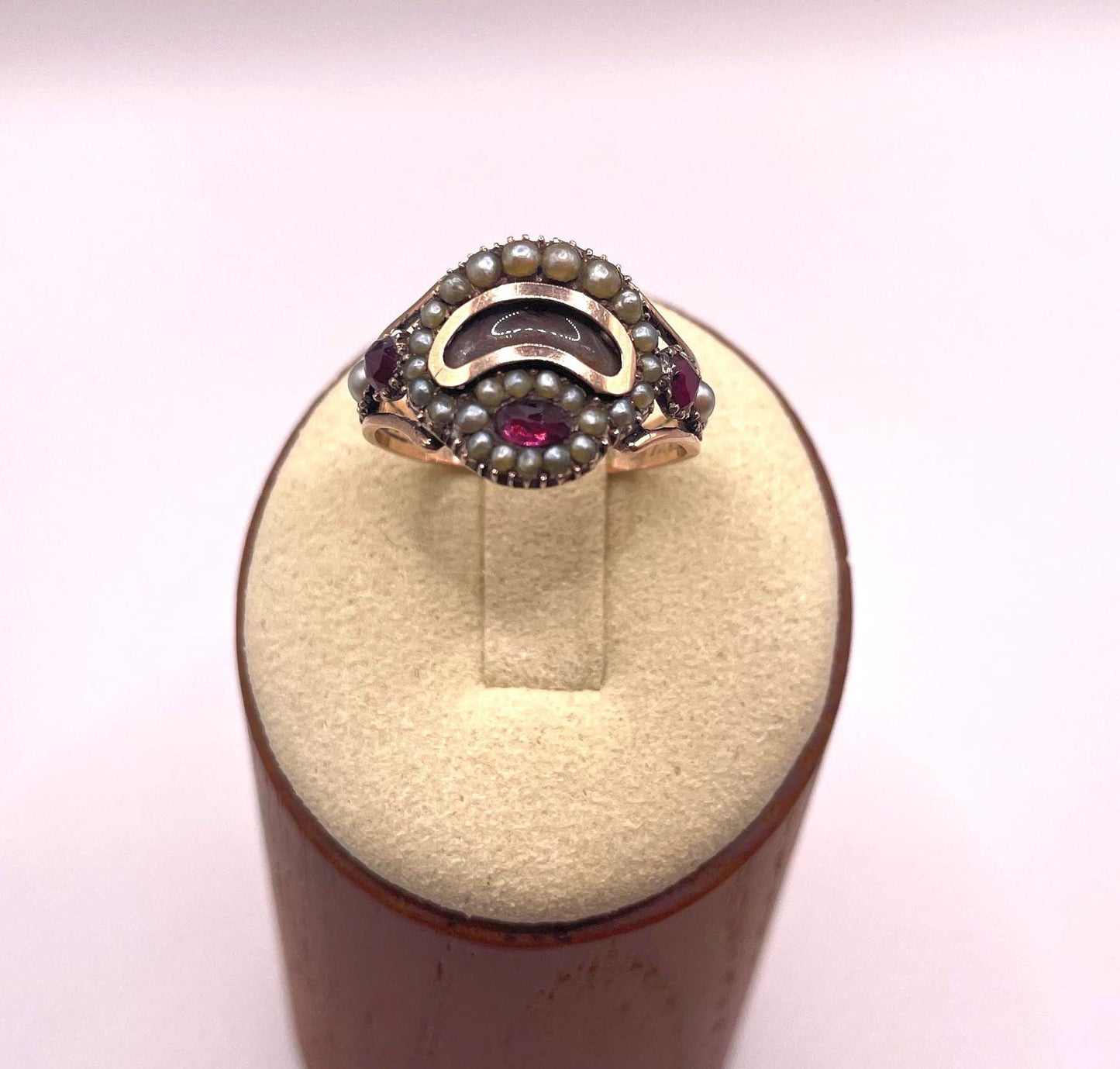 Antique Georgian Mourning Ring - Early 19th Century Gold Color Ring with Pearls, Hair, Gems, and Inscription