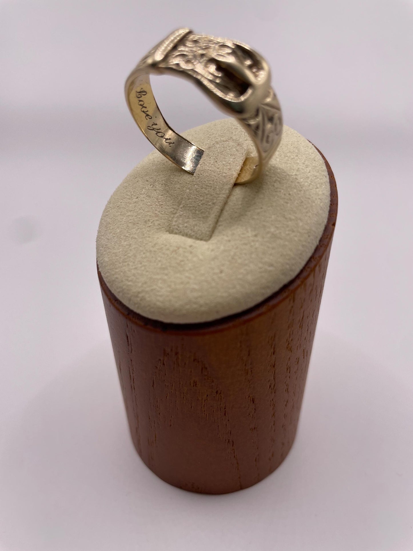 The Marjorie ~ Antique Early-Mid 20th Century 9 Carat Gold Inscribed/Engraved Romantic Buckle Ring