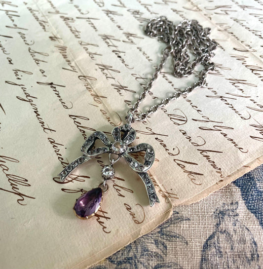 The Marie ~ Georgian Diamond Paste & Amethyst Paste Silver Bow Necklace