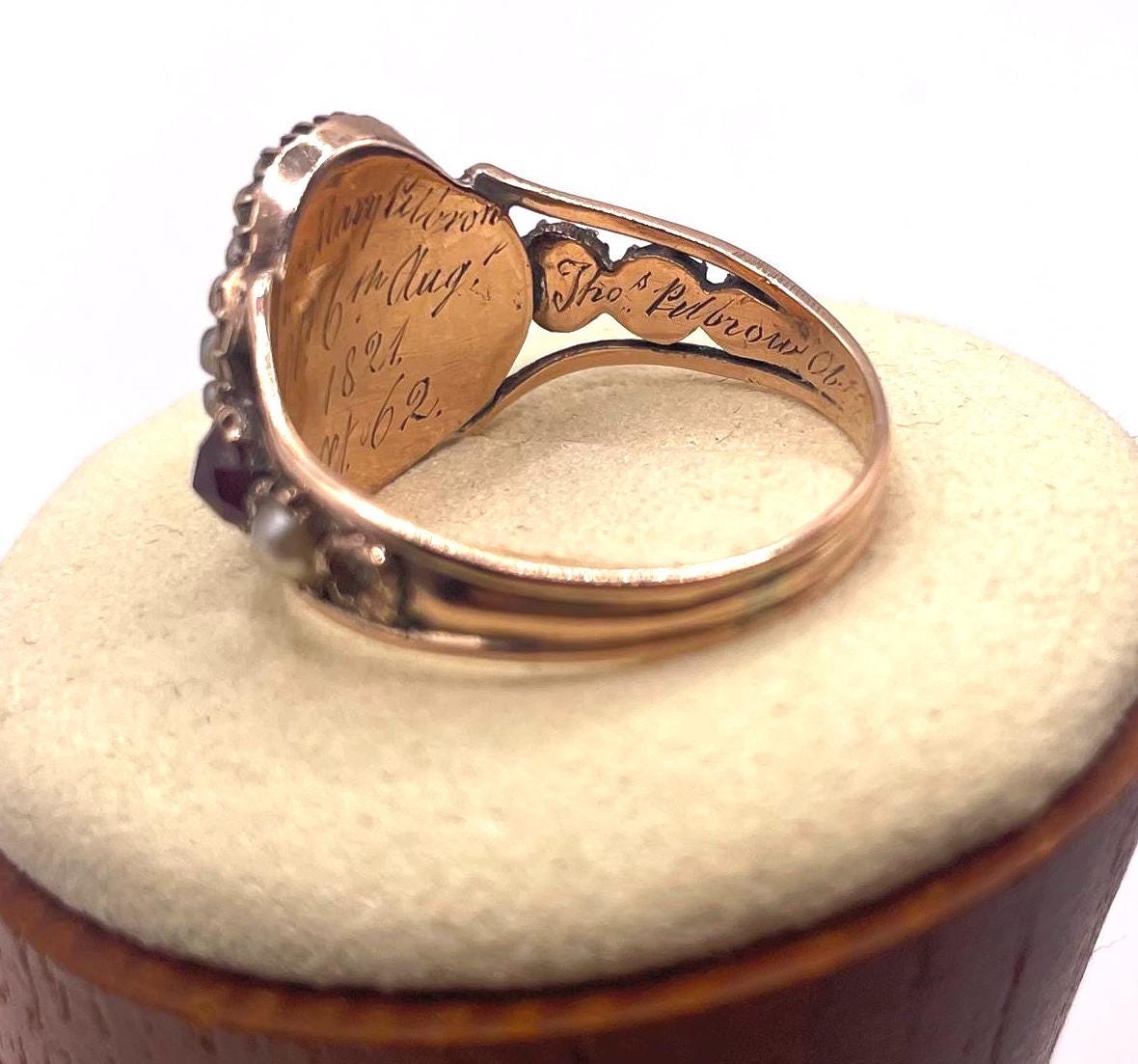 Antique Georgian Mourning Ring - Early 19th Century Gold Color Ring with Pearls, Hair, Gems, and Inscription