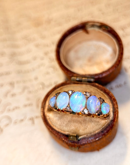 The Aurora Borealis Ring ~ Victorian Opal Five Stone Half-Hoop Ring