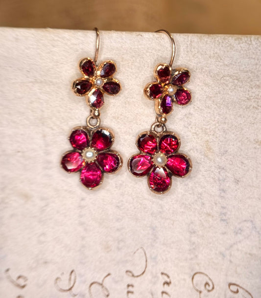 Georgian Garnet Pansy & Pearl Earrings