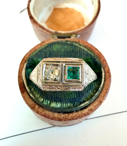 Art Deco Toi et Moi Emerald & Diamond 18k White Gold Ring