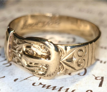 The Marjorie ~ Gents’ Early-Mid 20th Century Gold Inscribed Romantic Buckle Ring
