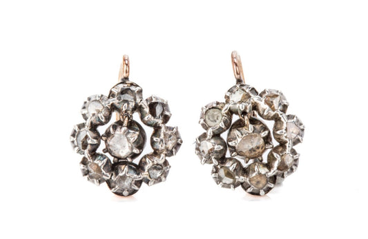 Georgian Rose Cut Diamond Dormeuse Cluster Earrings