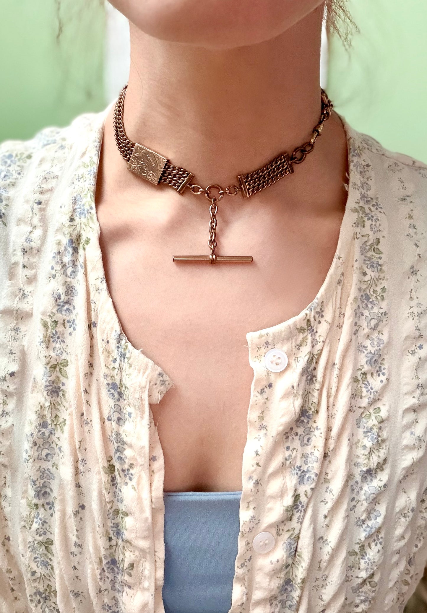 Late Victorian Watch Chain with 10k Gold Hand-Chased Slide