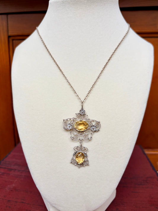 Art Nouveau/Edwardian Citrine Silver Pendant Necklace
