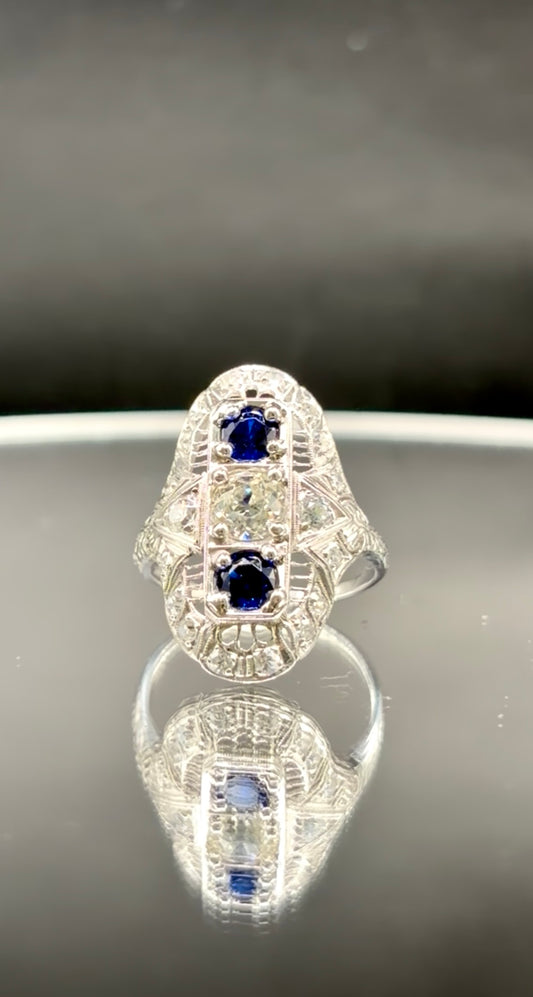 Art Deco Platinum Sapphire & Old Cut Diamond Shield Ring