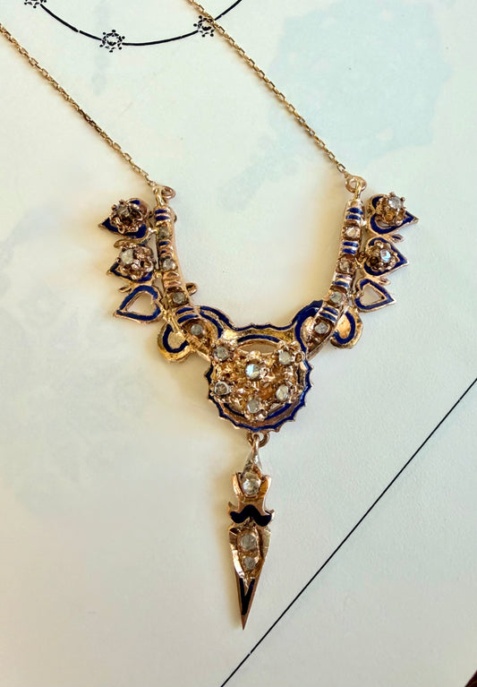Victorian Rose Gold & Enamel Rose Cut Diamond Necklace