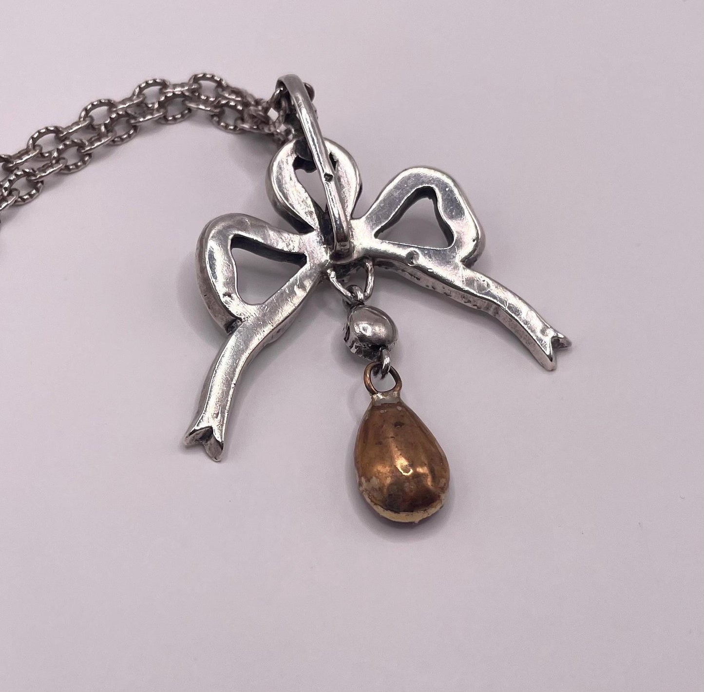 The Marie ~ Antique Georgian Silver Diamond Paste & Amethyst Paste Whimsical Sweet Bow Necklace with Chain