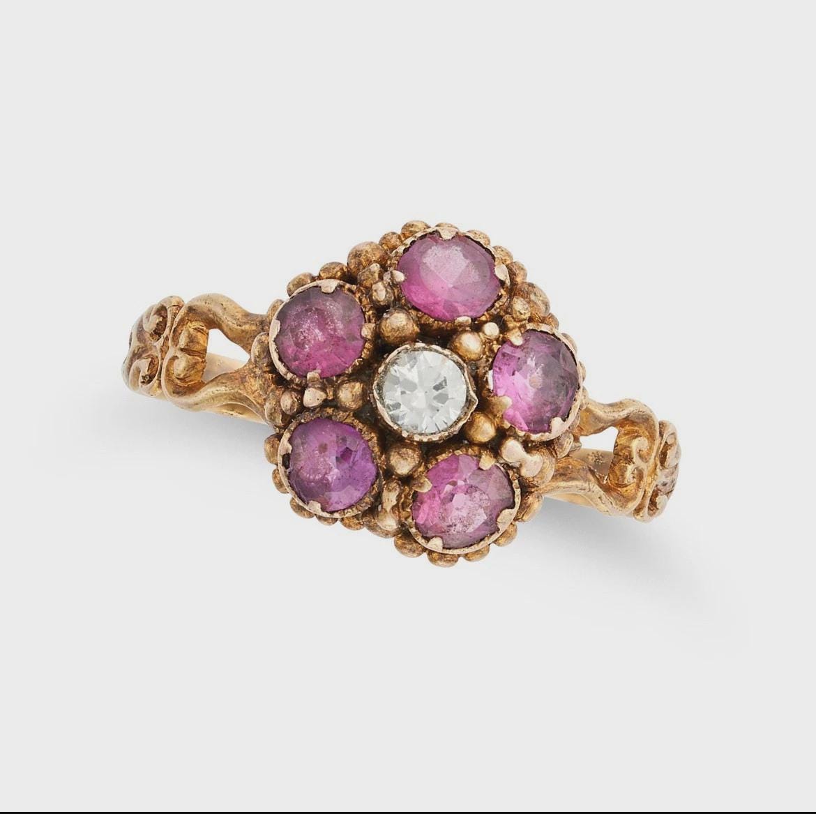 The Flora ~ Antique Victorian Ruby & Diamond Round Cut Cluster 18ct Yellow Gold Vintage Ring