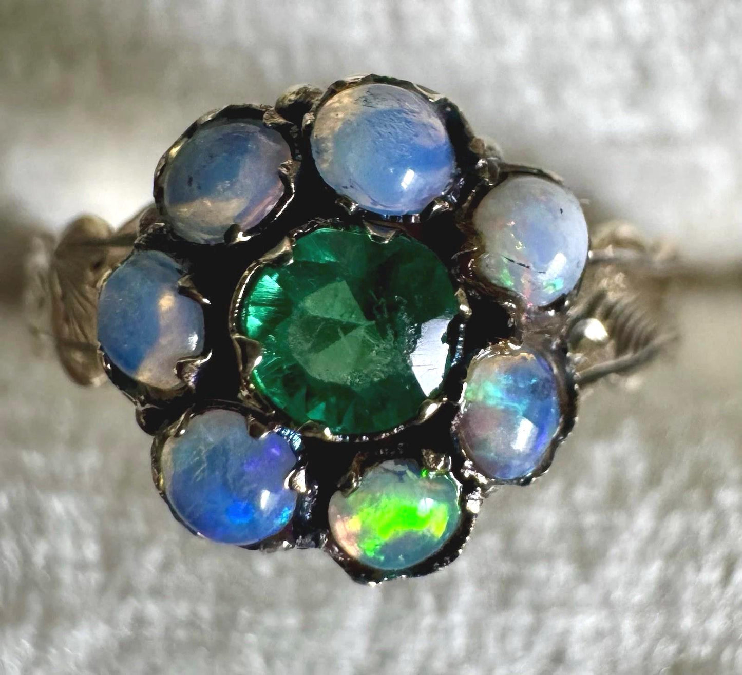 The Victoria ~ Antique Victorian 9 Carat Gold Emerald & Opal Cluster Ring Vintage