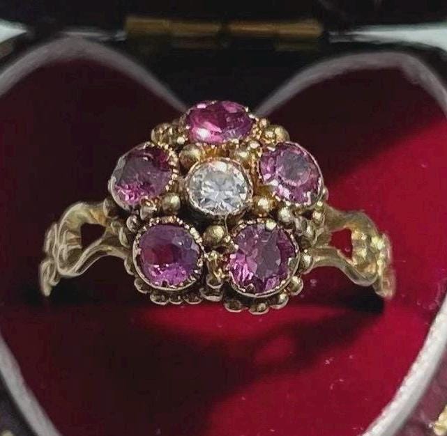 The Flora ~ Antique Victorian Ruby & Diamond Round Cut Cluster 18ct Yellow Gold Vintage Ring