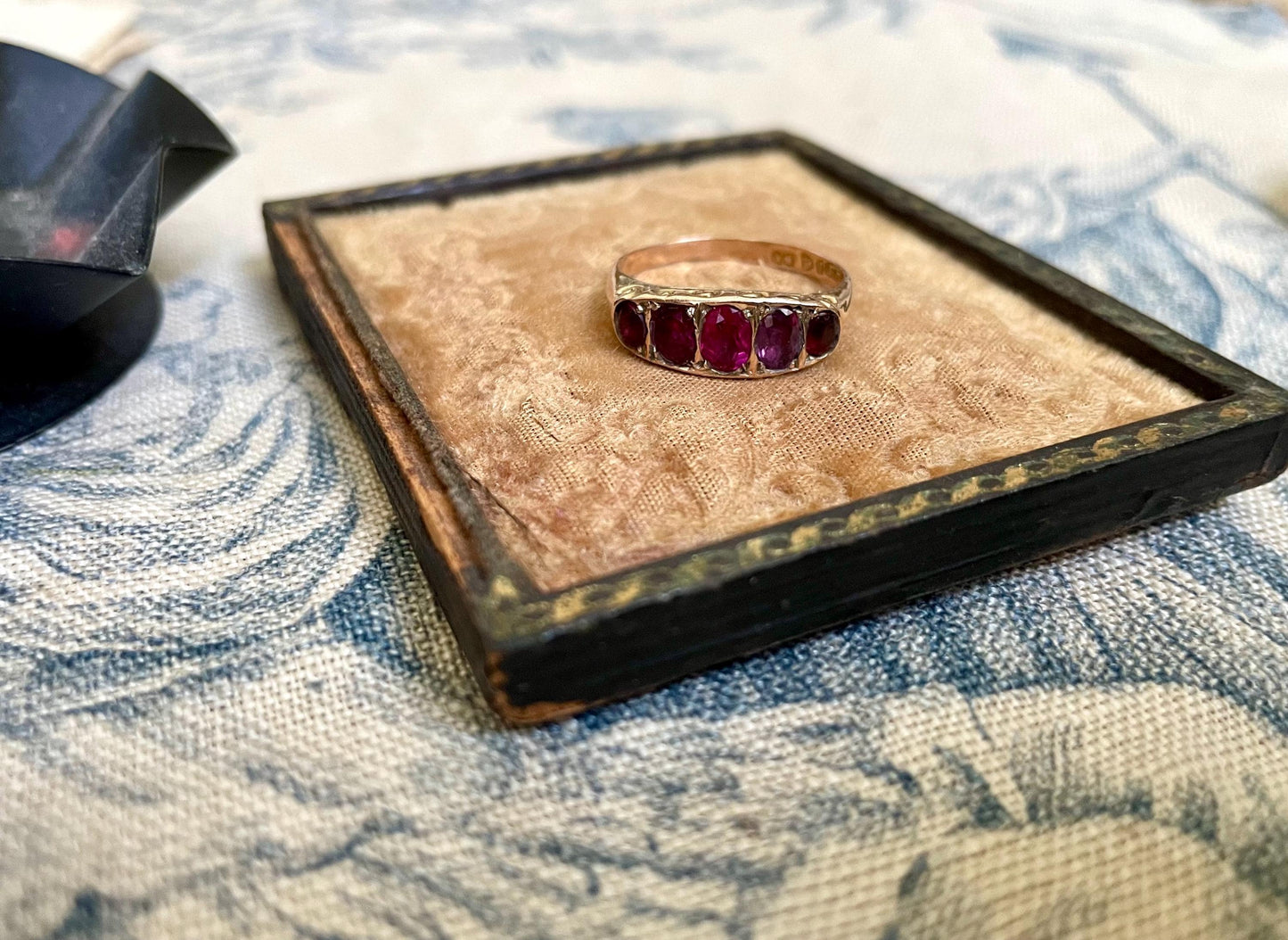 The Rose ~ Antique Edwardian Era Ruby Five Stone Half Hoop Scroll Gallery Ring, Victorian Style, 9 carat gold
