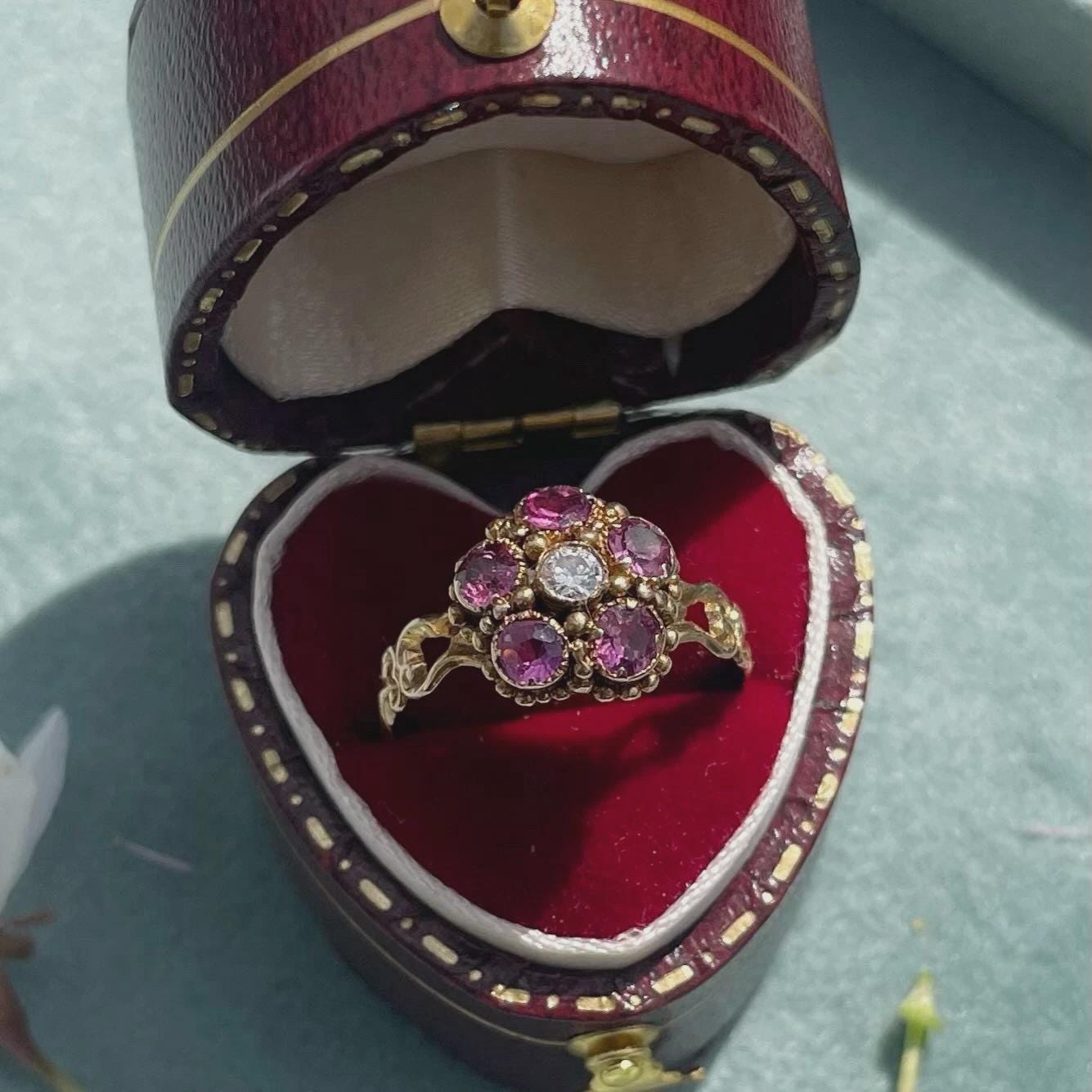 The Flora ~ Antique Victorian Ruby & Diamond Round Cut Cluster 18ct Yellow Gold Vintage Ring