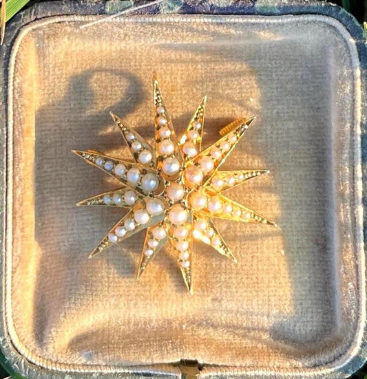 The Luna ~ Victorian Split Pearl Yellow Gold Starburst Brooch/Pendant