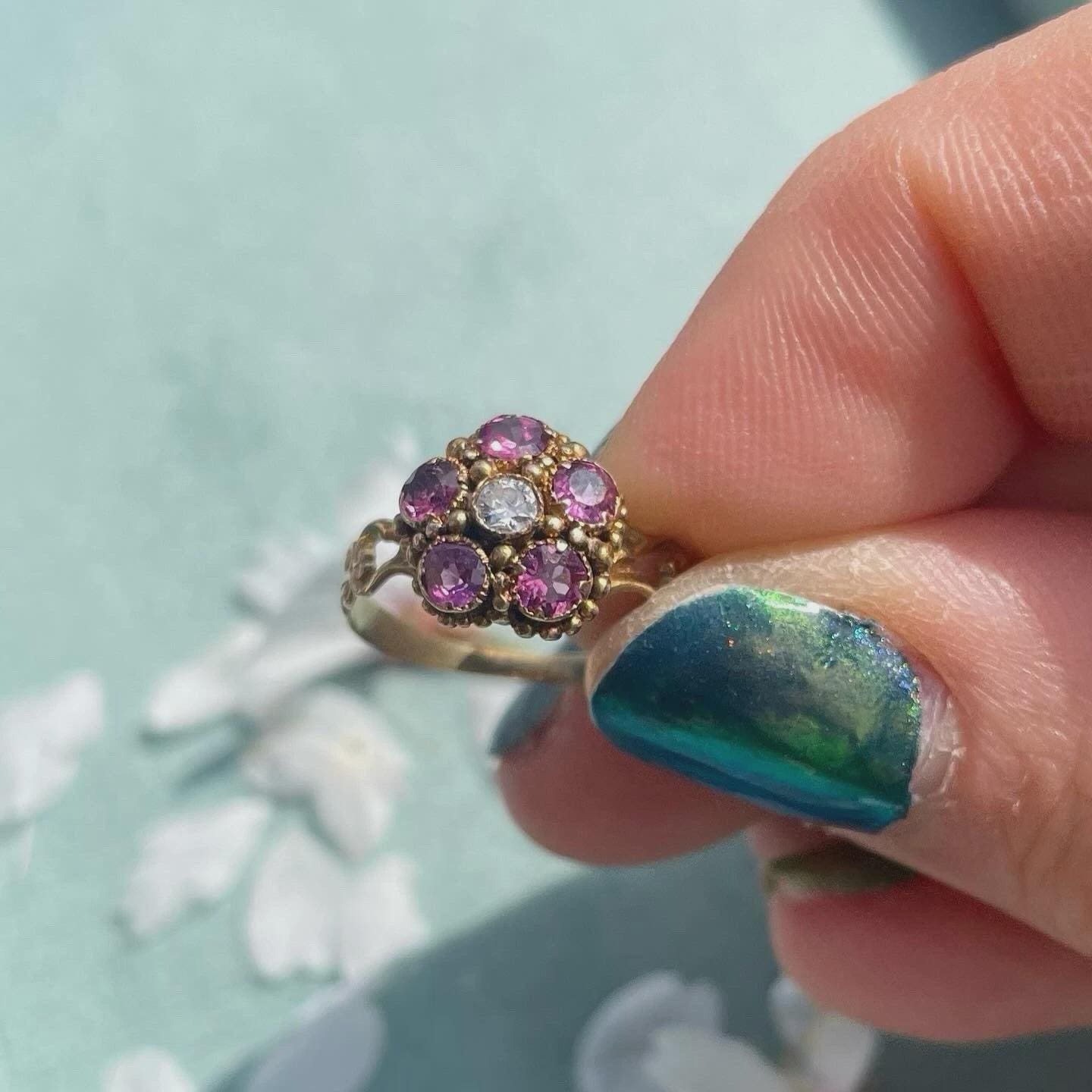 The Flora ~ Antique Victorian Ruby & Diamond Round Cut Cluster 18ct Yellow Gold Vintage Ring