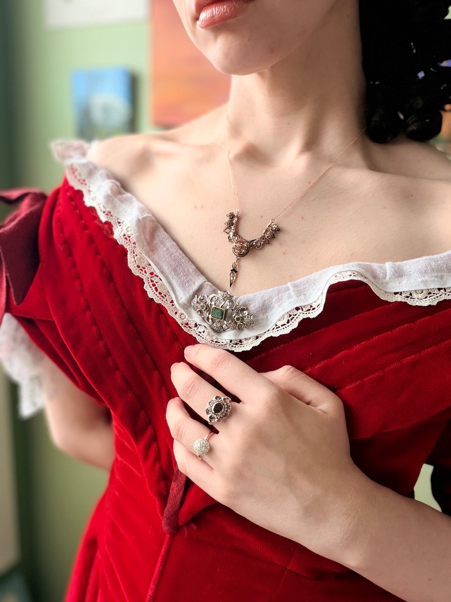 Emerald & Rose Cut Diamond Brooch