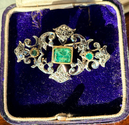 Emerald & Rose Cut Diamond Brooch
