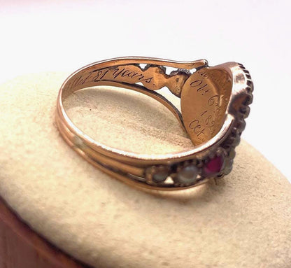 Antique Georgian Mourning Ring - Early 19th Century Gold Color Ring with Pearls, Hair, Gems, and Inscription