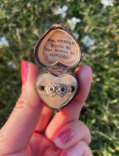 Victorian Garnet & Pearl Double Heart Sweethearts Ring