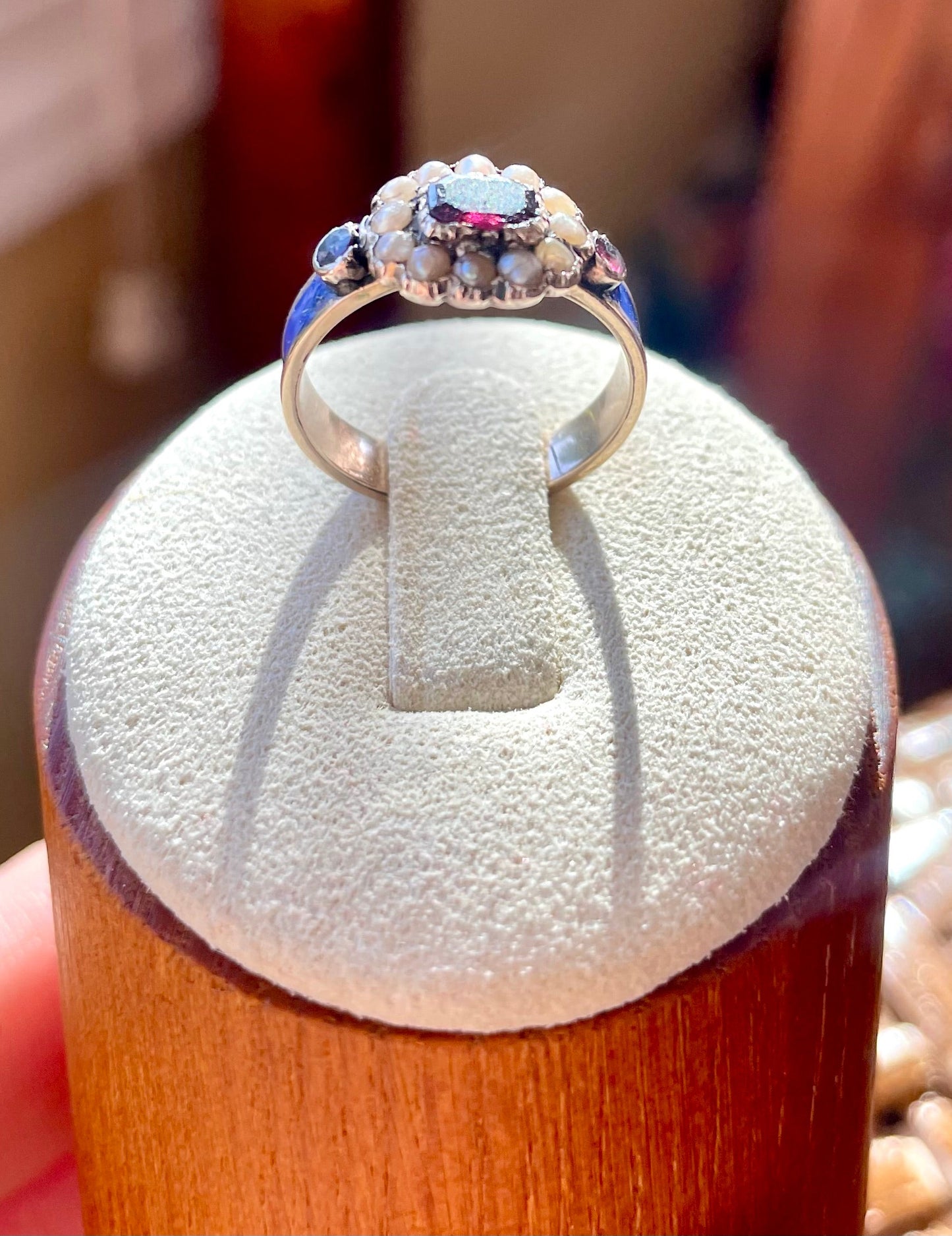 Georgian Blue Enamel & Purple Garnet Seed Pearl Ring