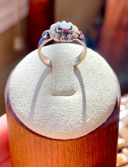 Georgian Blue Enamel & Purple Garnet Seed Pearl Ring