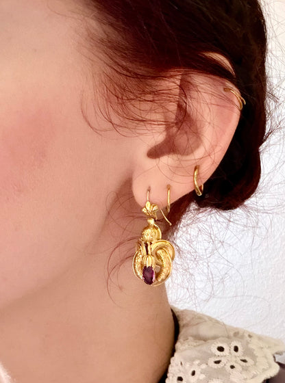 Victorian Etruscan Revival Rhodolite Garnet 18k Gold Earrings