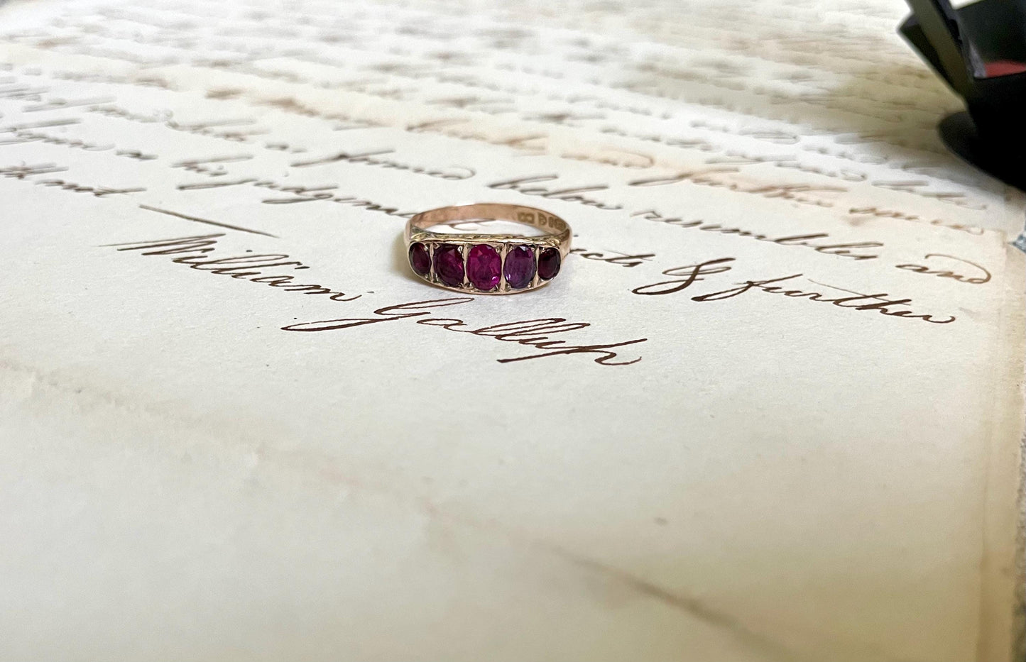 The Rose ~ Antique Edwardian Era Ruby Five Stone Half Hoop Scroll Gallery Ring, Victorian Style, 9 carat gold