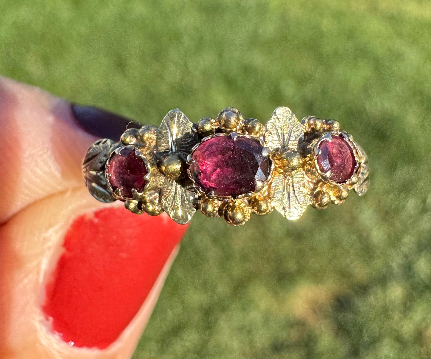 Georgian Pink Garnet Floral Ring