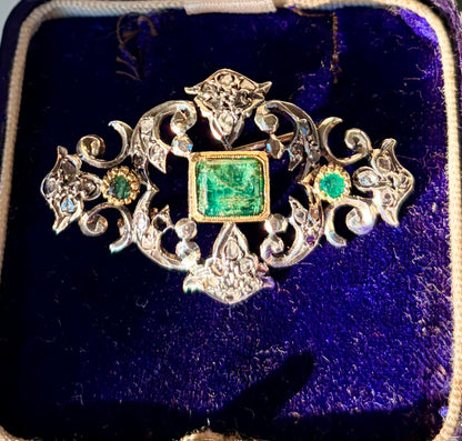 Emerald & Rose Cut Diamond Brooch