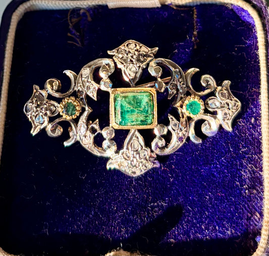 Emerald & Rose Cut Diamond Brooch