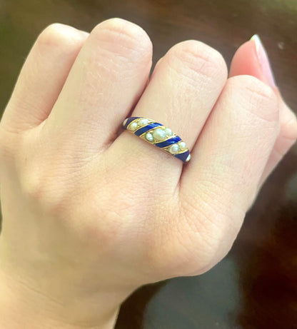 Victorian Blue Enamel & Seed Pearl Ring