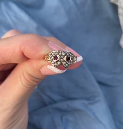 Victorian Garnet & Pearl Double Heart Sweethearts Ring