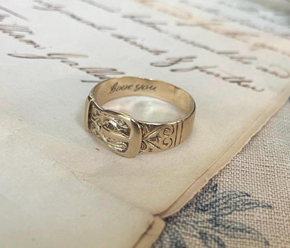 The Marjorie ~ Antique Early-Mid 20th Century 9 Carat Gold Inscribed/Engraved Romantic Buckle Ring
