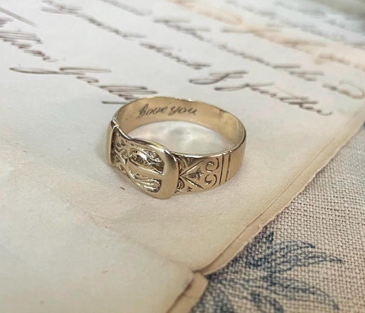 The Marjorie ~ Antique Early-Mid 20th Century 9 Carat Gold Inscribed/Engraved Romantic Buckle Ring