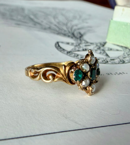 Green Garnet Doublet & Seed Pearl Cluster Ring
