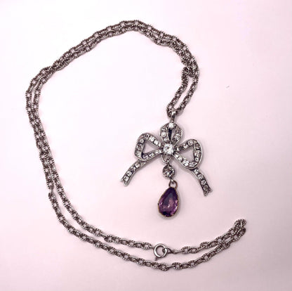 The Marie ~ Antique Georgian Silver Diamond Paste & Amethyst Paste Whimsical Sweet Bow Necklace with Chain