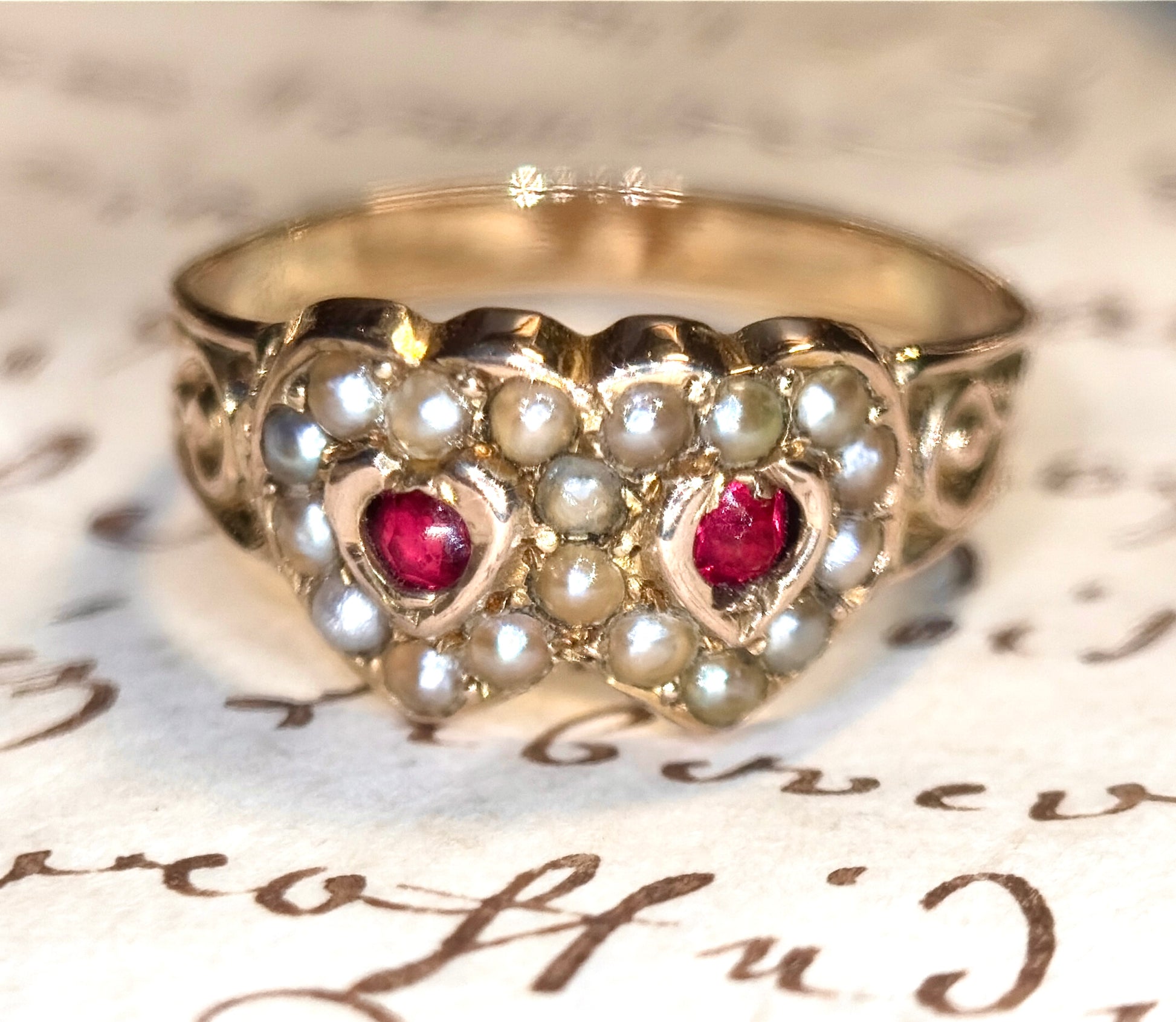 The Sweethearts ~ Victorian Garnet & Pearl Double Heart Ring