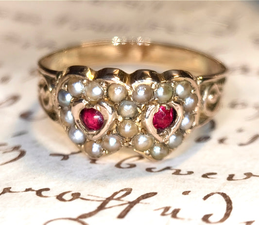 Victorian Garnet & Pearl Double Heart Sweethearts Ring