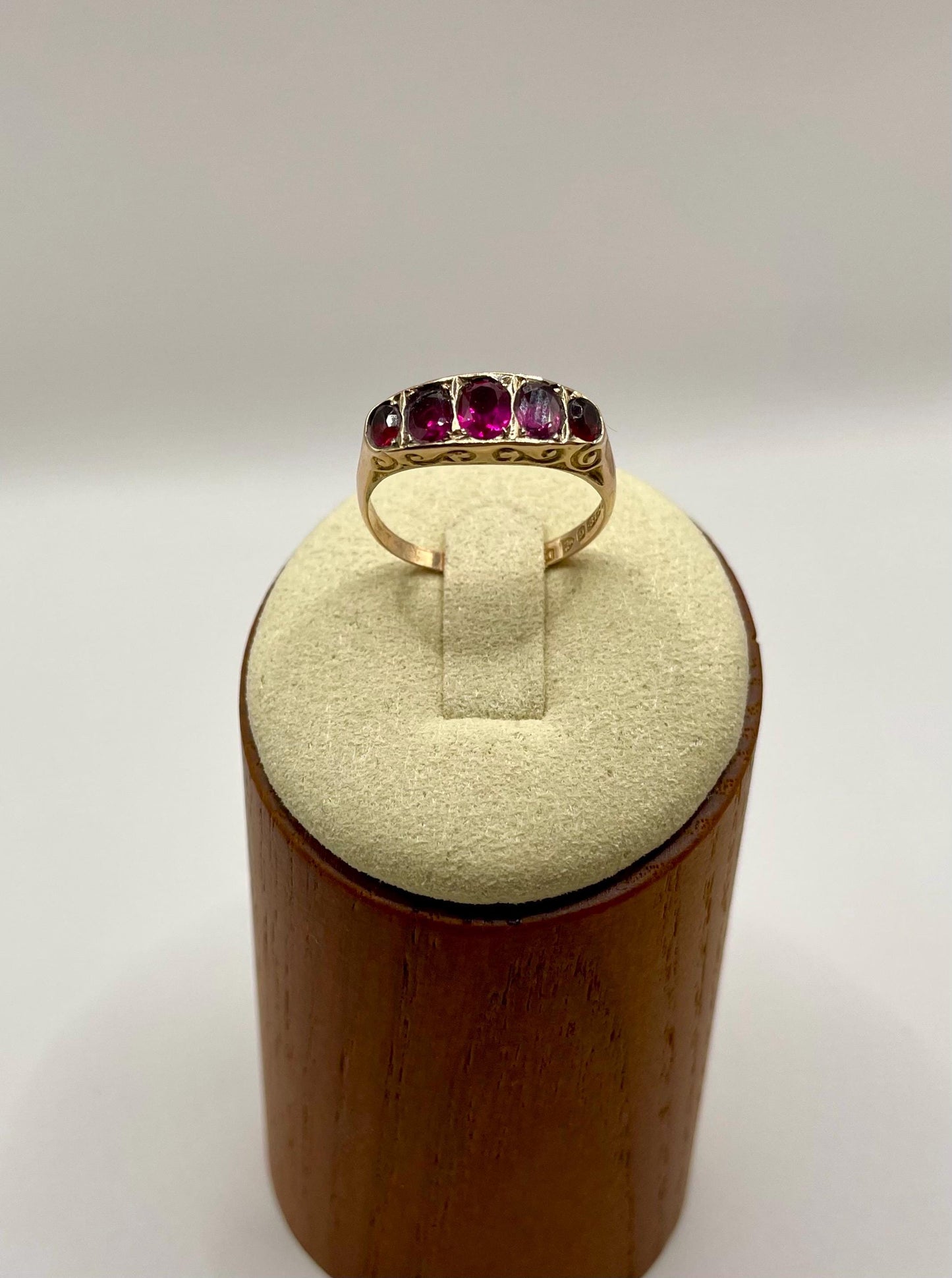 The Rose ~ Antique Edwardian Era Ruby Five Stone Half Hoop Scroll Gallery Ring, Victorian Style, 9 carat gold